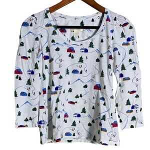 Maeve Top Womens XS White Ski Resort Mountain Print Puff Sleeve Anthropologie